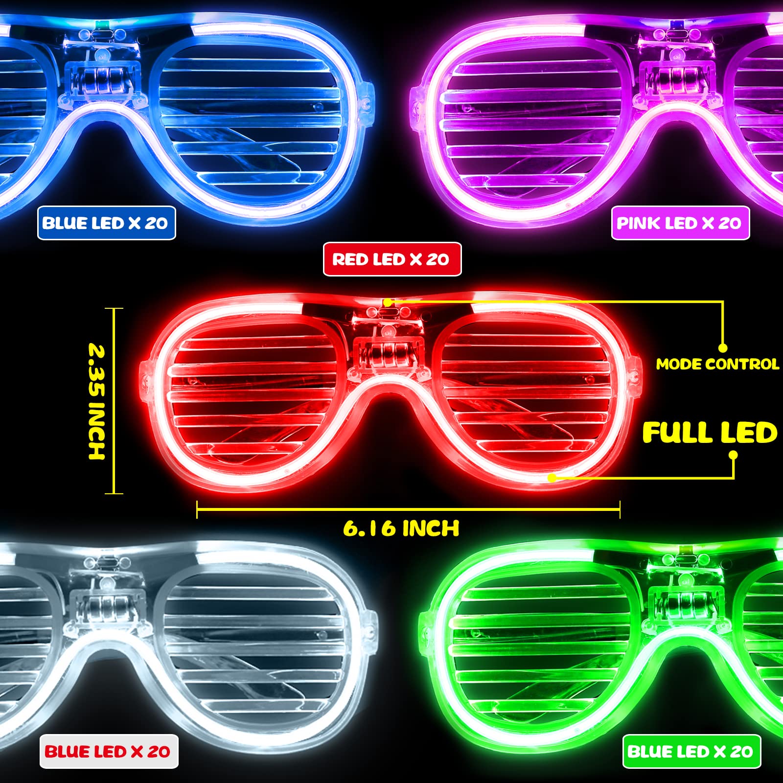 100 Pack Glow in The Dark Glasses Bulk for Kid Adult, 5 Color LED Light Up Glasses with 3 Flashing Modes, Neon Glowing Party Favor Supplies for New Years Eve Birthday Wedding Halloween Goody Bag stuff