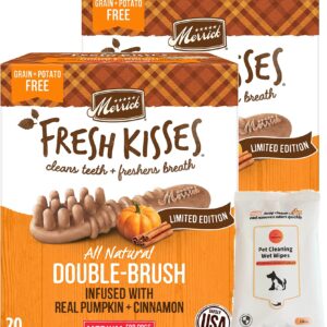 Aurora Pet Bundle Pack (2) Merrick Fresh Kisses Real Pumpkin & Cinnamon Flavor Medium Breed Dog Dental Treats with (1) Grooming Wipes