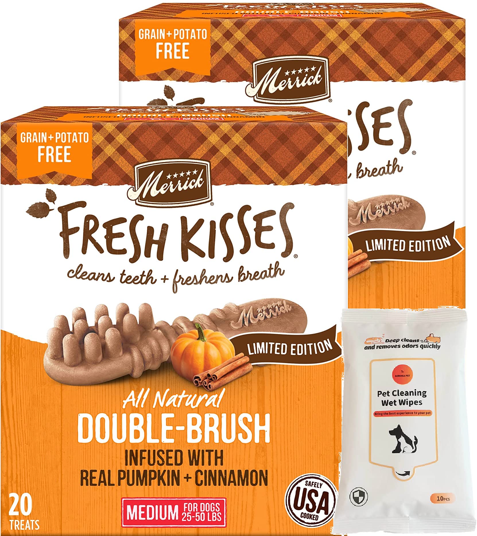 Aurora Pet Bundle Pack (2) Merrick Fresh Kisses Real Pumpkin & Cinnamon Flavor Medium Breed Dog Dental Treats with (1) Grooming Wipes