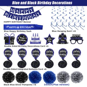 Birthday Decorations Blue Black, Happy Birthday Party Decorations for Men Women Boys Girls, Happy Birthday Banner, Double-Sided Bday Pattern Card, Birthday Sash, Pompoms, Hanging Swirl Bday Decor Set