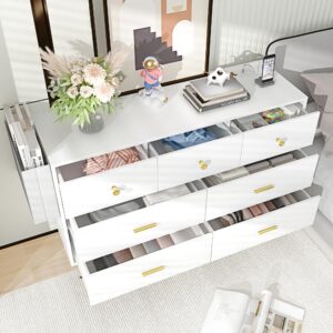 Fushimuma White Dresser for Bedroom, 7 Drawer Dresser with Charging Station, Wood Chest of Drawers with Gold Handles, Modern Dressers & Chests of Drawers for Living Room, Hallway