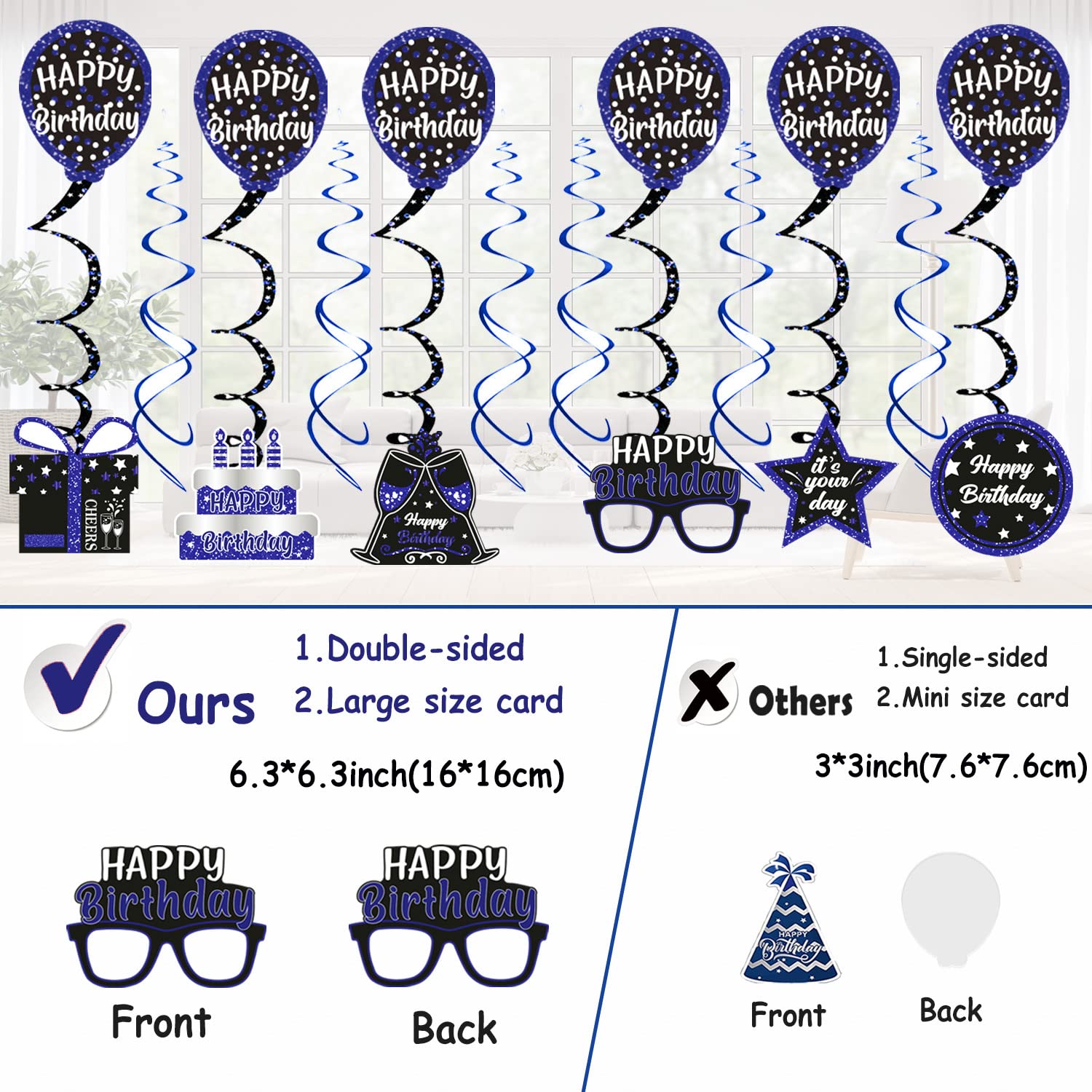 Birthday Decorations Blue Black, Happy Birthday Party Decorations for Men Women Boys Girls, Happy Birthday Banner, Double-Sided Bday Pattern Card, Birthday Sash, Pompoms, Hanging Swirl Bday Decor Set