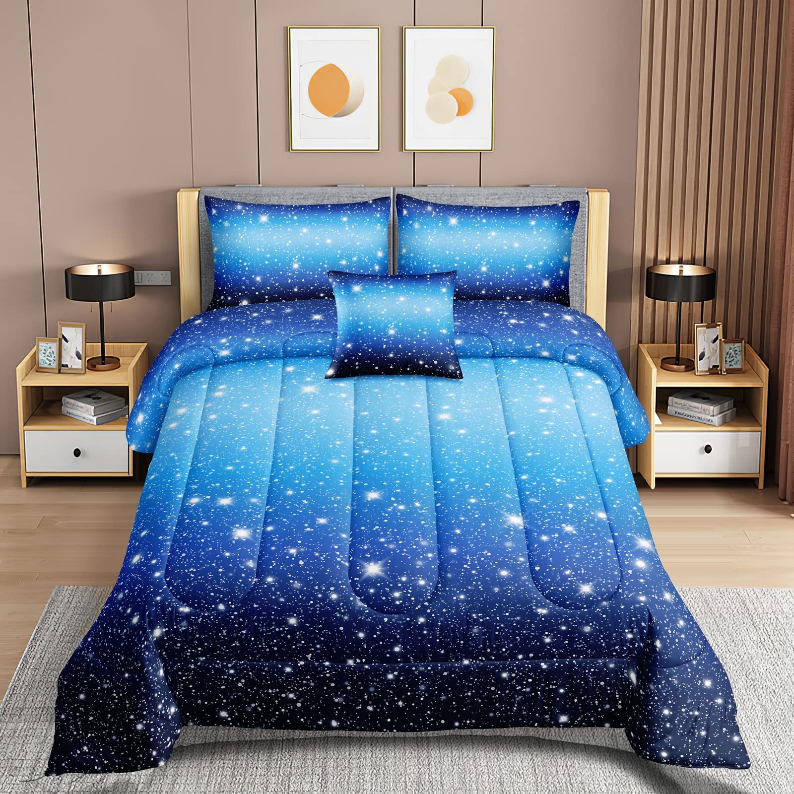 ROWADALO 6 Pieces Blue Gradient Glitter Sparkles Comforter Set Full Size,Galaxy Starry Sky Bedding Sets 6 Pcs Bed in A Bag for Kids Teen Ultra Soft All-Season Girls Comforter Set,DJT-GB5002 Full