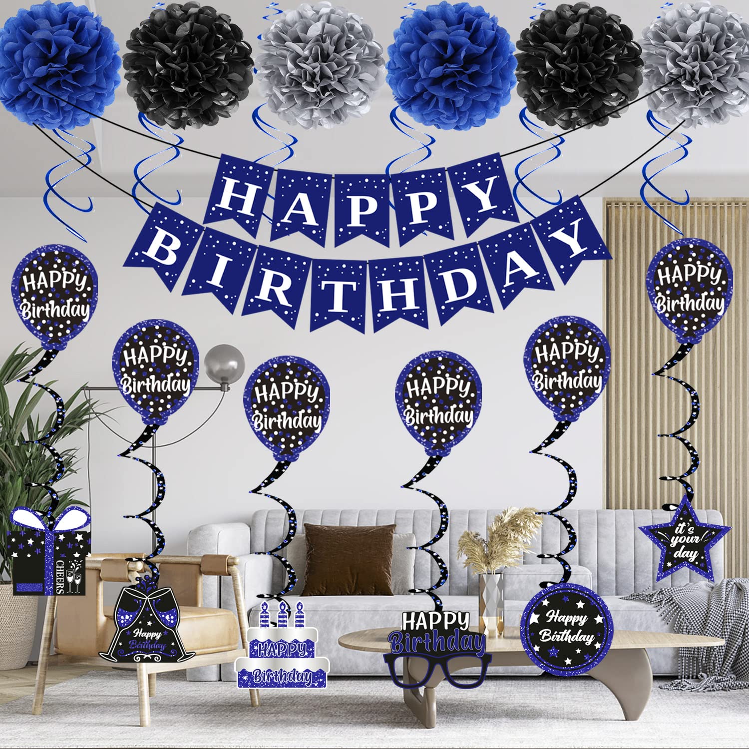 Birthday Decorations Blue Black, Happy Birthday Party Decorations for Men Women Boys Girls, Happy Birthday Banner, Double-Sided Bday Pattern Card, Birthday Sash, Pompoms, Hanging Swirl Bday Decor Set