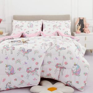 viviland twin unicorn comforter set for girls - kids brushed microfiber twin bedding set - 5 pieces machine washable bed in a bag with soft comforters, sheet set, shams - unicorn love heart