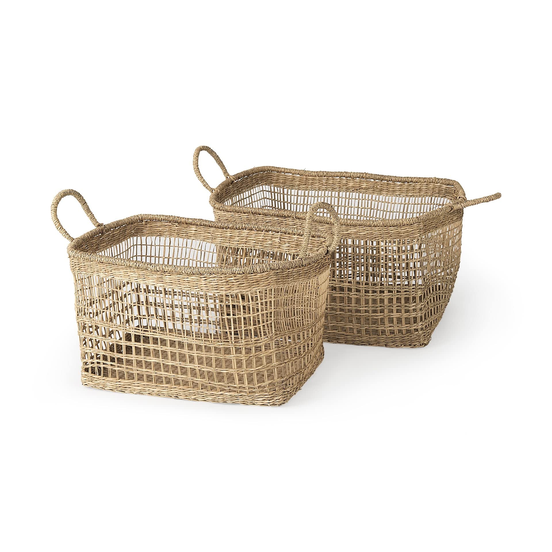 18.5l X 14.6w 11.0h (Set Of 2) Medium Brown Seagrass Rectangular Basket W/Handles Handmade