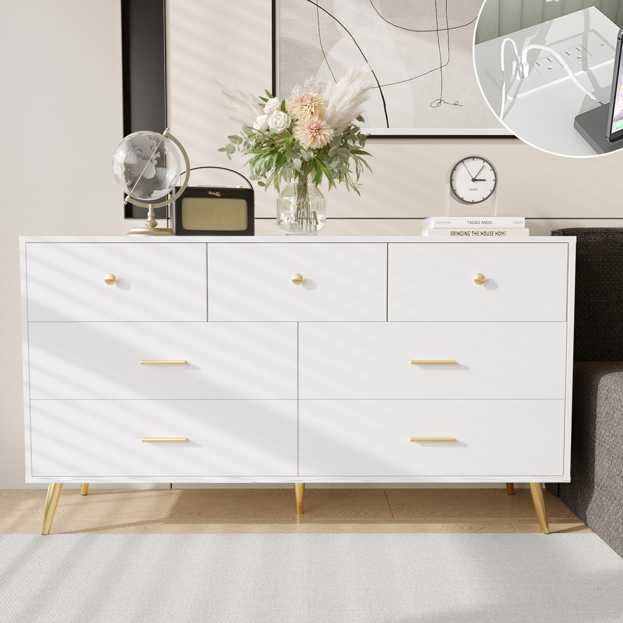 Fushimuma White Dresser for Bedroom, 7 Drawer Dresser with Charging Station, Wood Chest of Drawers with Gold Handles, Modern Dressers & Chests of Drawers for Living Room, Hallway