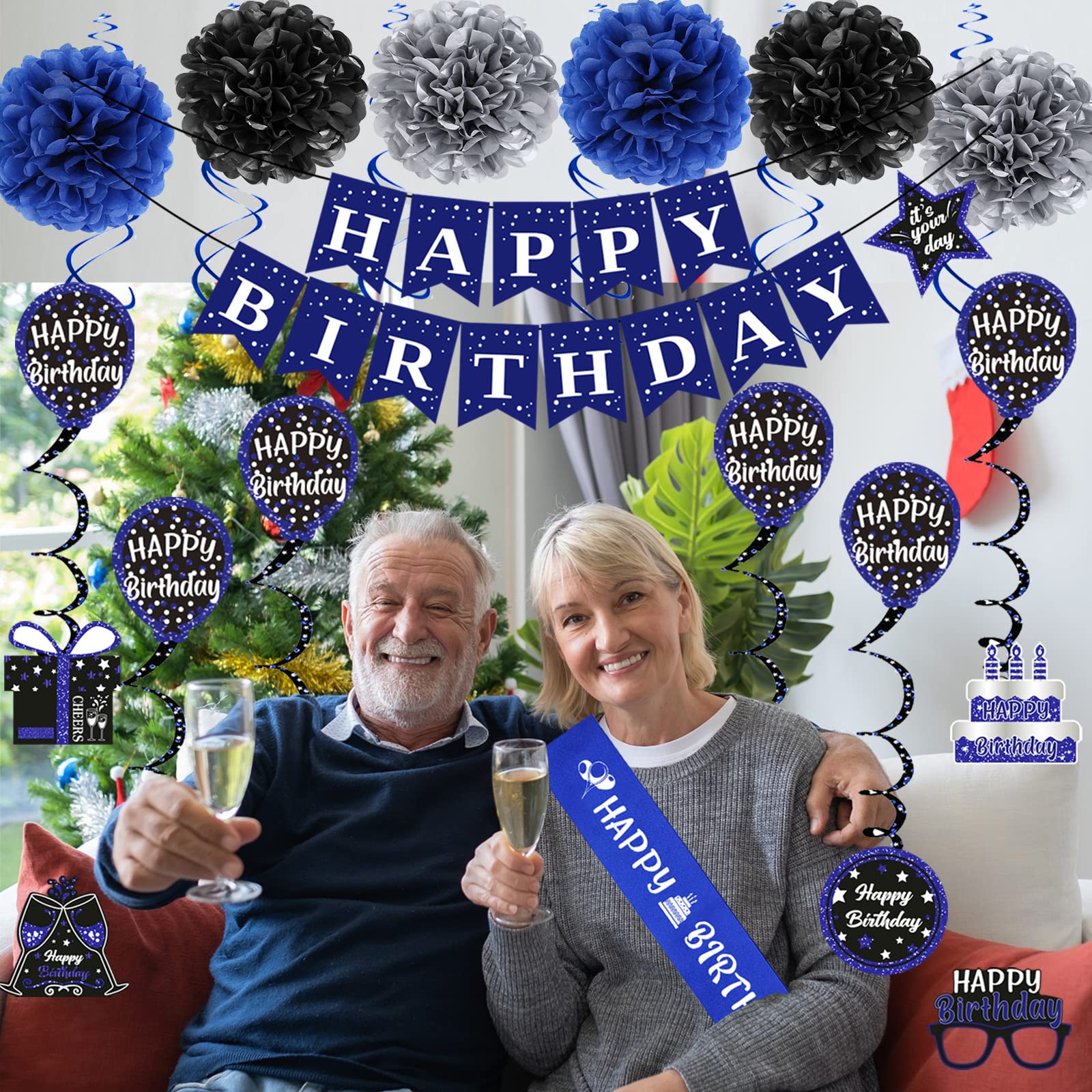 Birthday Decorations Blue Black, Happy Birthday Party Decorations for Men Women Boys Girls, Happy Birthday Banner, Double-Sided Bday Pattern Card, Birthday Sash, Pompoms, Hanging Swirl Bday Decor Set