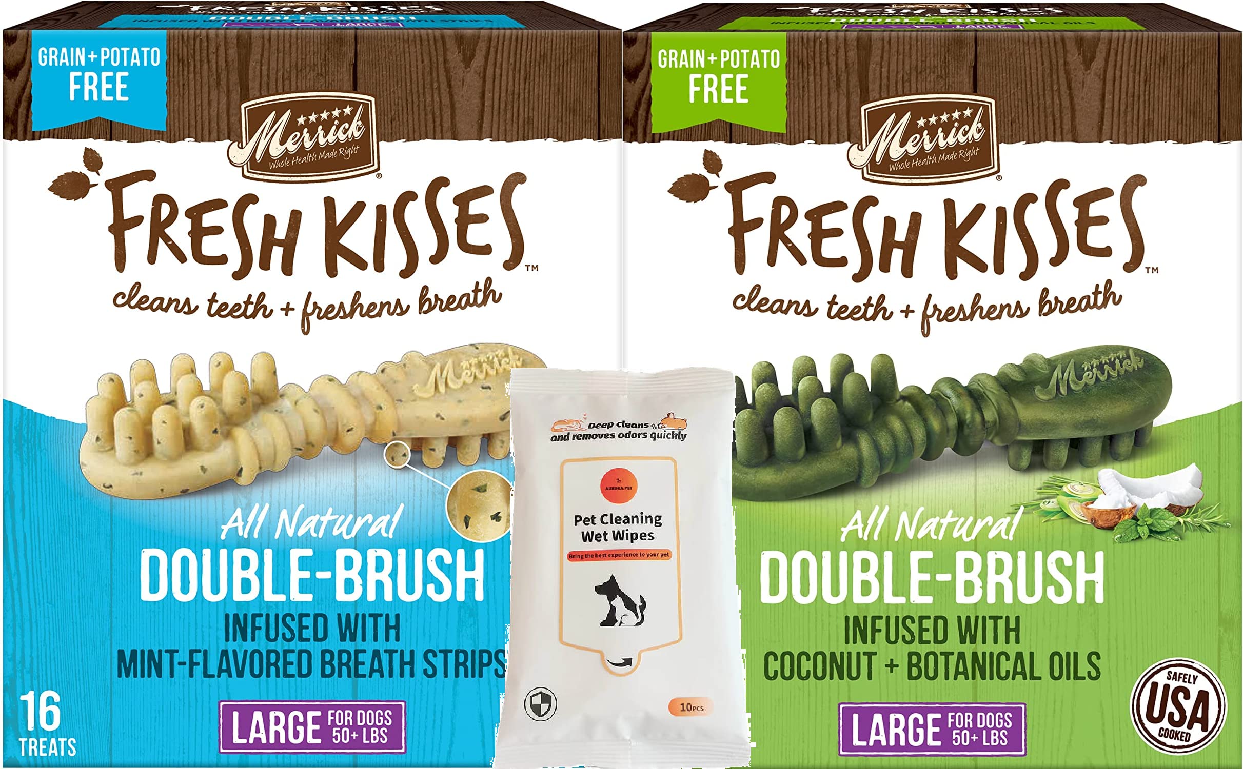 Aurora Pet Variety Pack (2) Merrick Fresh Kisses Double-Brush Large Dental Dog Treats (1) Coconut + Botanical Oils (1) Mint-Flavored Breath Strips with AuroraPet Wipes