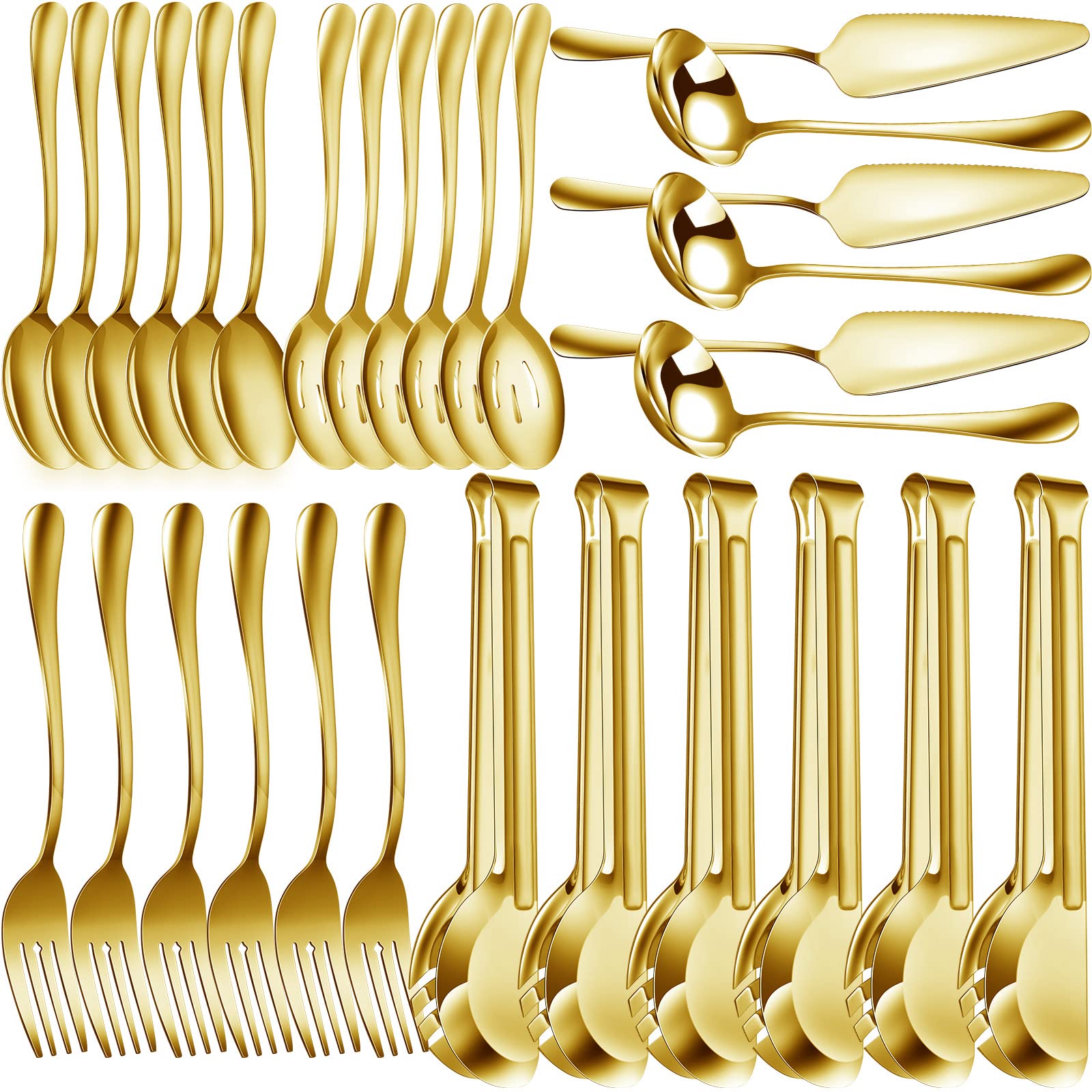 30 Pcs Stainless Steel Serving Utensils Set Serving Flatware Set Include Large Serving Spoons Slotted Spoons Serving Forks Soup Ladle Pie Server and Serving Tongs for Buffet Party (Gold)