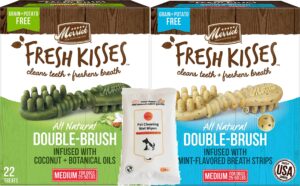 aurora pet variety pack (2) merrick fresh kisses double-brush medium dental dog treats (1) coconut + botanical oils (1) mint-flavored breath strips with aurorapet wipes