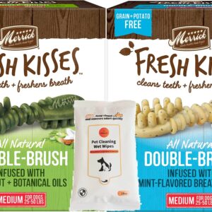 Aurora Pet Variety Pack (2) Merrick Fresh Kisses Double-Brush Medium Dental Dog Treats (1) Coconut + Botanical Oils (1) Mint-Flavored Breath Strips with AuroraPet Wipes