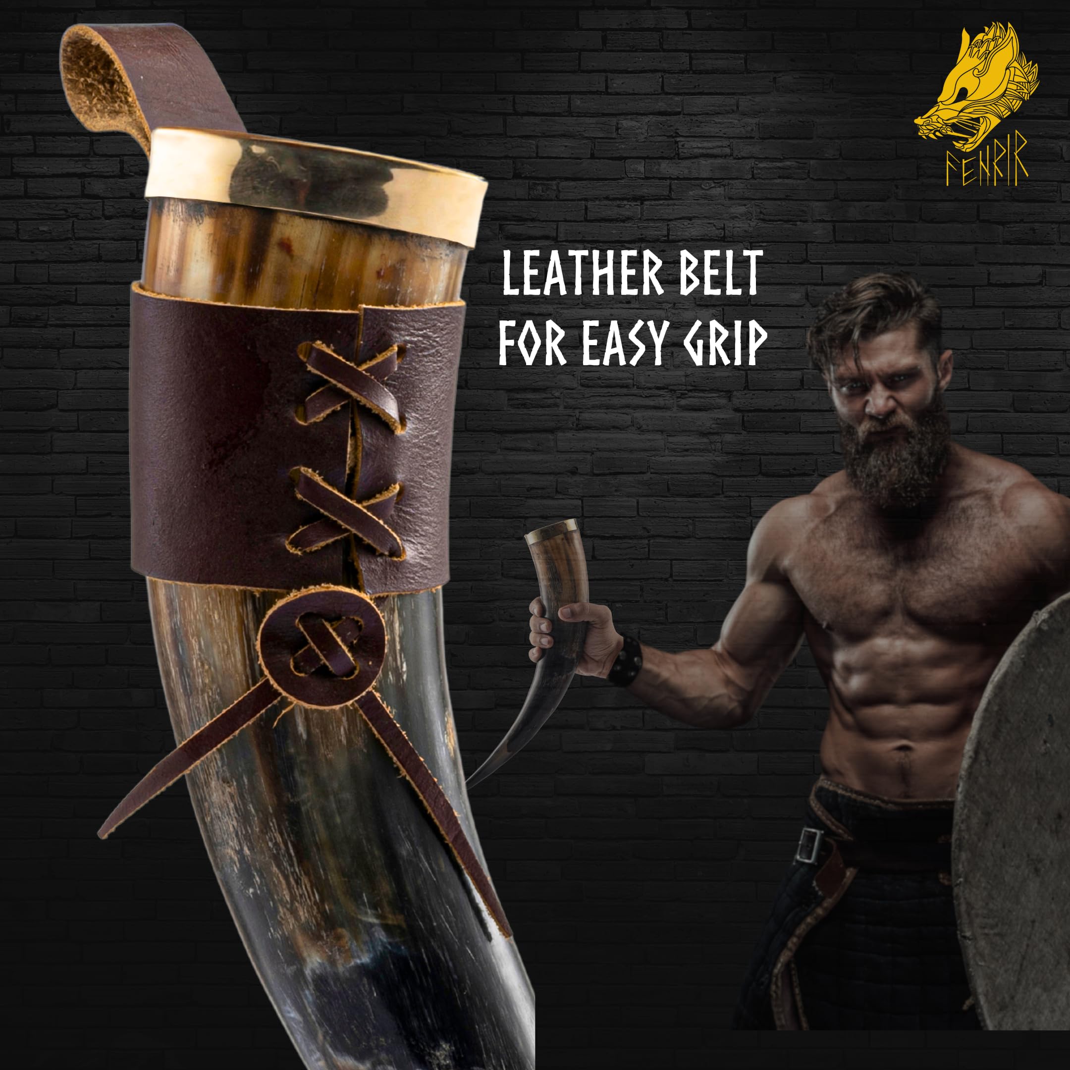 FENRIR Viking Drinking Horn With Stand-16 oz | Viking Gifts for Men & Women | Thor Bottle Opener | Norse Viking Horn Cup Perfect For Drink Beer, Ale, Mead, Whiskey | Food Grade | Natural Polished