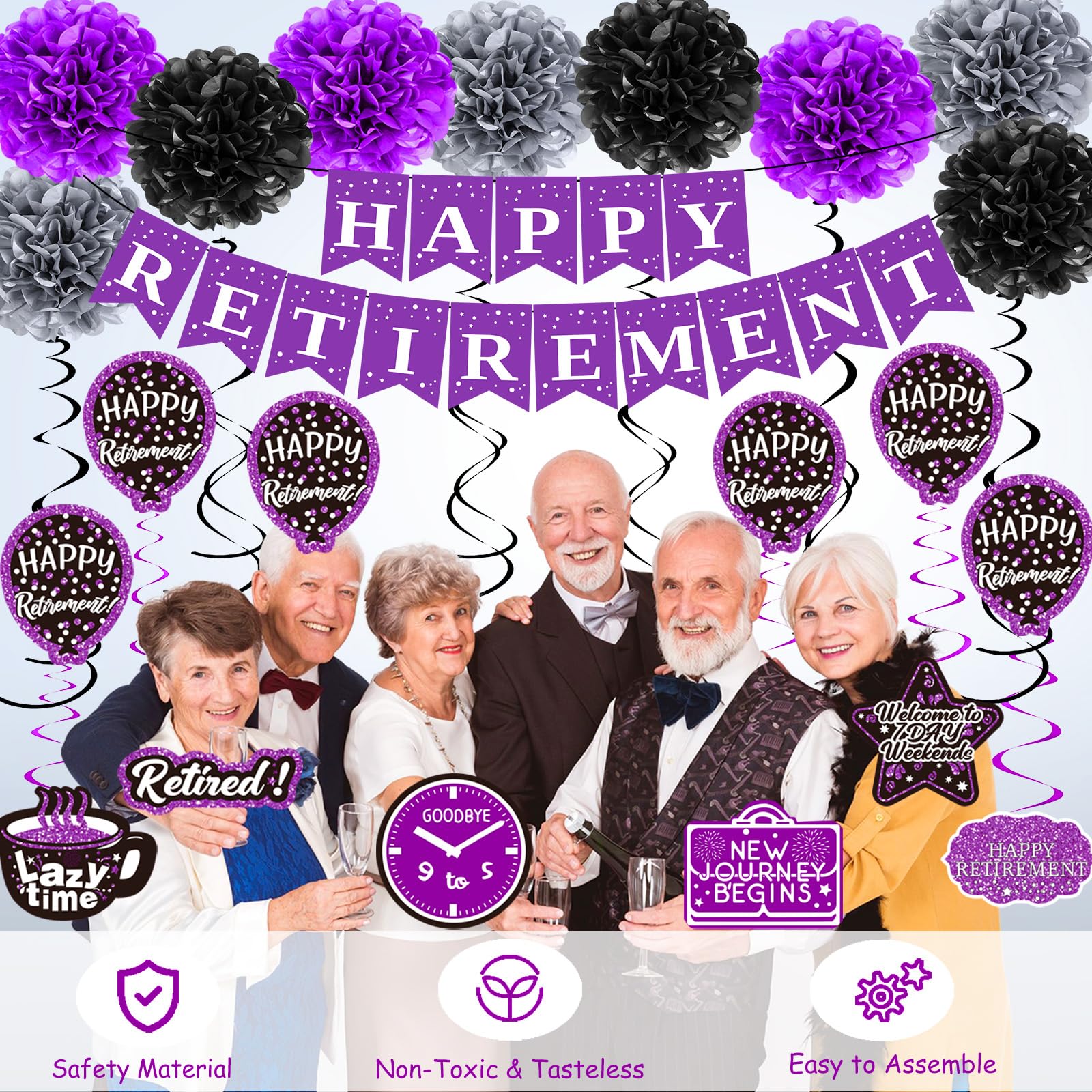 Retirement Decorations Women Purple Happy Retirement Party Decorations Female (52pack) Happy Retirement Banner Gifts, Retirement Decor Double-Sided Pattern Card, Pompoms Hanging Swirl Retired Sash Set