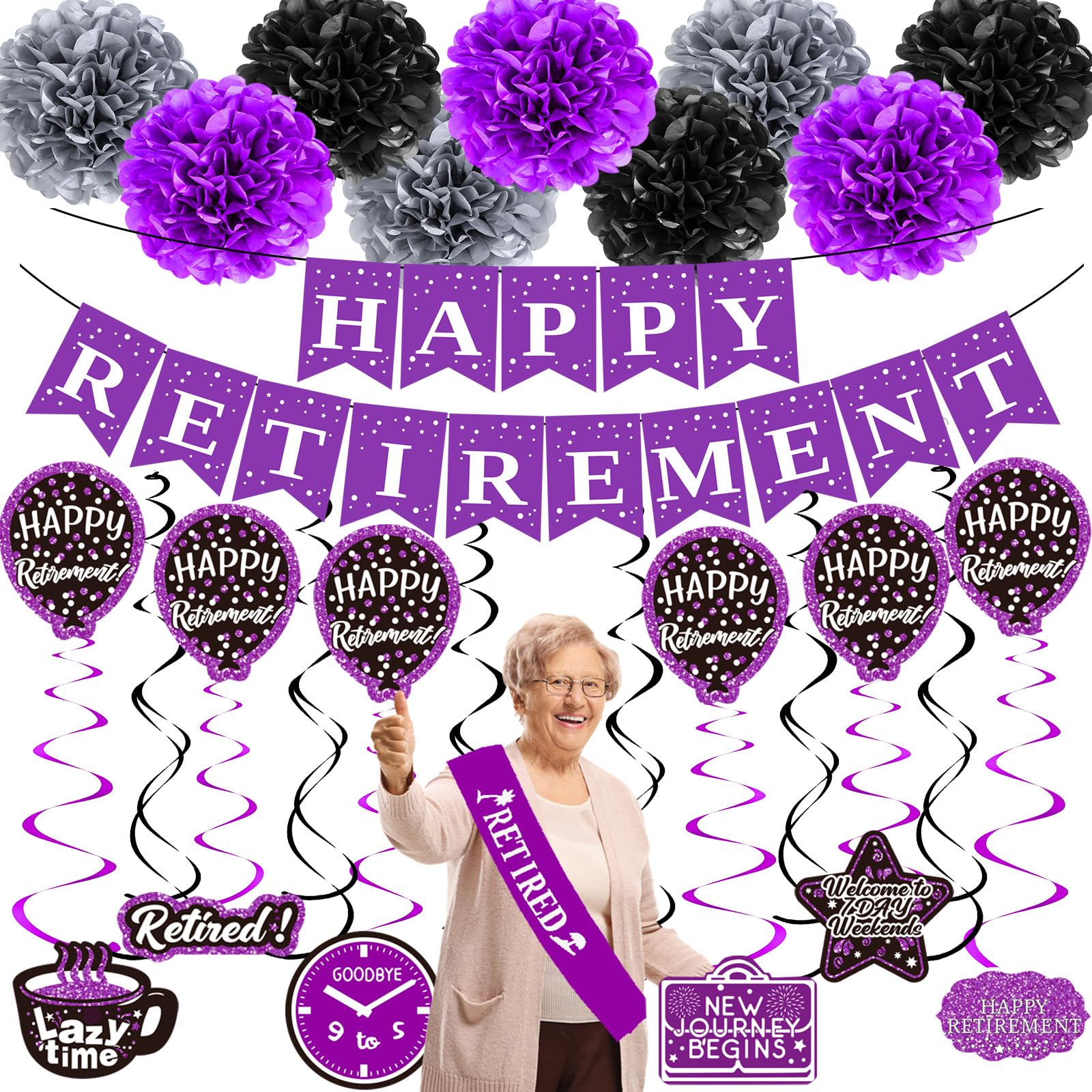 Retirement Decorations Women Purple Happy Retirement Party Decorations Female (52pack) Happy Retirement Banner Gifts, Retirement Decor Double-Sided Pattern Card, Pompoms Hanging Swirl Retired Sash Set