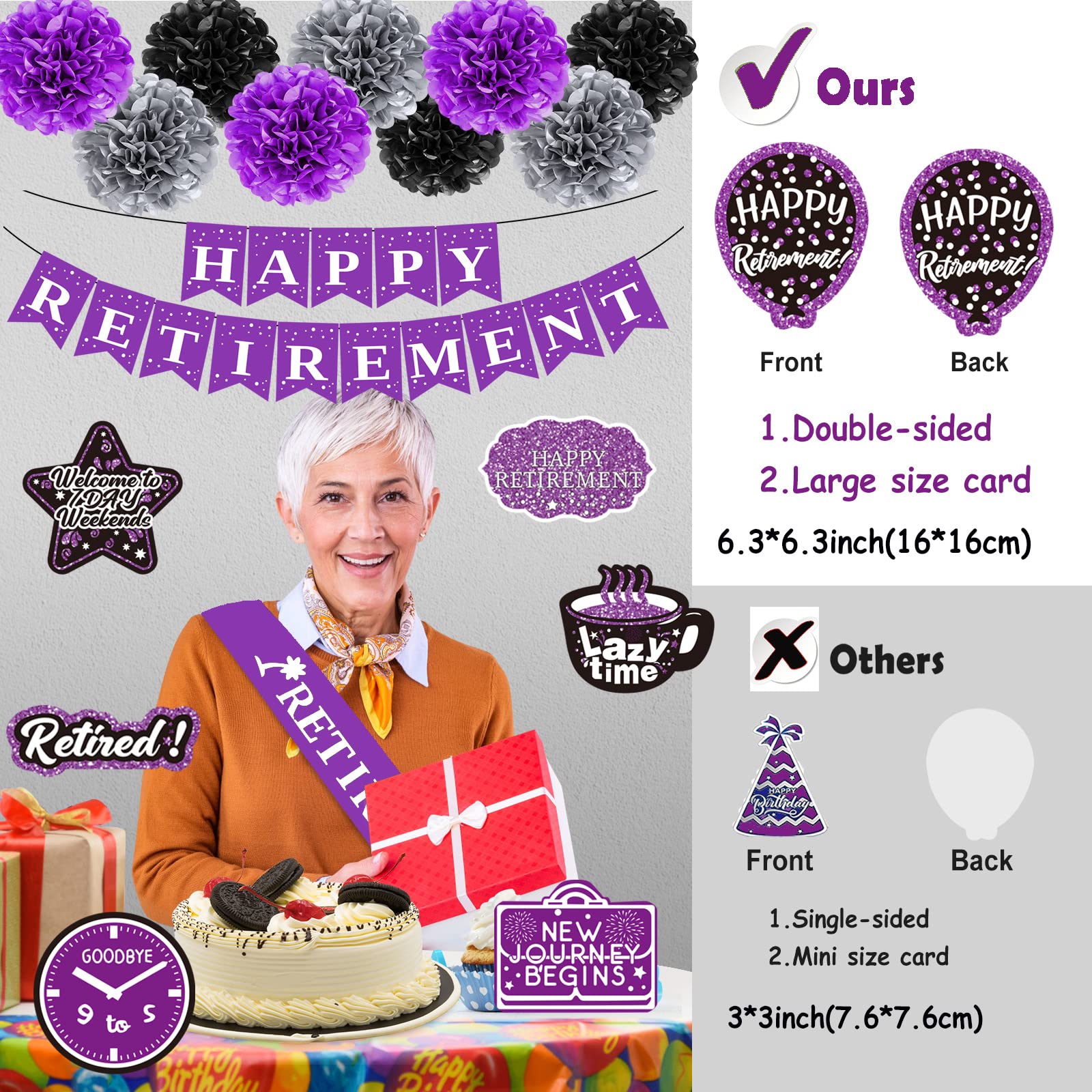 Retirement Decorations Women Purple Happy Retirement Party Decorations Female (52pack) Happy Retirement Banner Gifts, Retirement Decor Double-Sided Pattern Card, Pompoms Hanging Swirl Retired Sash Set