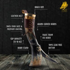 FENRIR Viking Drinking Horn With Stand-16 oz | Viking Gifts for Men & Women | Thor Bottle Opener | Norse Viking Horn Cup Perfect For Drink Beer, Ale, Mead, Whiskey | Food Grade | Natural Polished