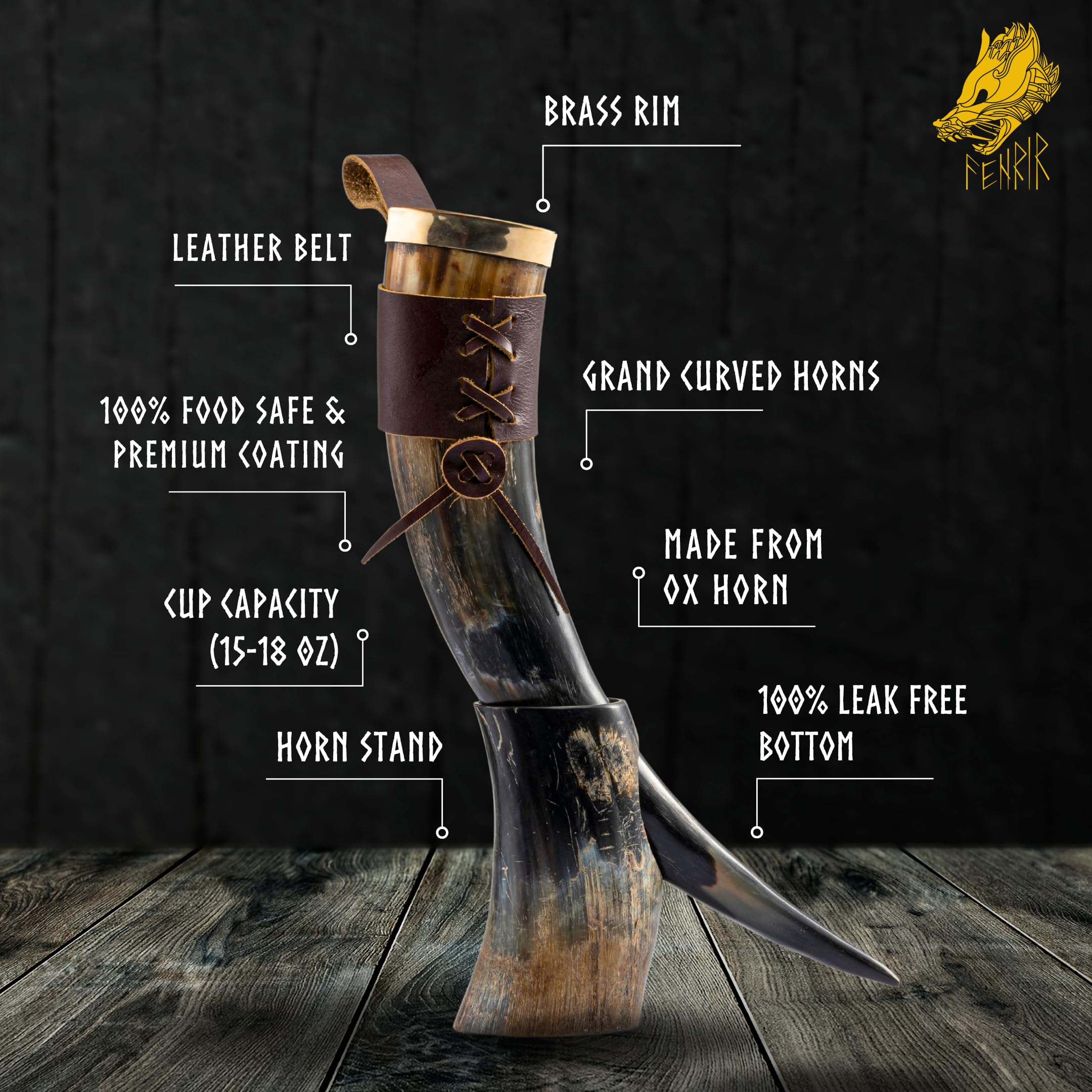 FENRIR Viking Drinking Horn With Stand-16 oz | Viking Gifts for Men & Women | Thor Bottle Opener | Norse Viking Horn Cup Perfect For Drink Beer, Ale, Mead, Whiskey | Food Grade | Natural Polished