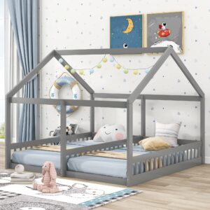 p purlove twin double bed for 2 kids,double twin size shared bed with fence railings,house floor bed frame twin size with roof or kids,teens,boys & girls,gray