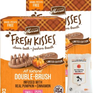 Aurora Pet Bundle Pack (2) Merrick Fresh Kisses Real Pumpkin & Cinnamon Flavor Small Breed Dog Dental Treats Grooming Wipes