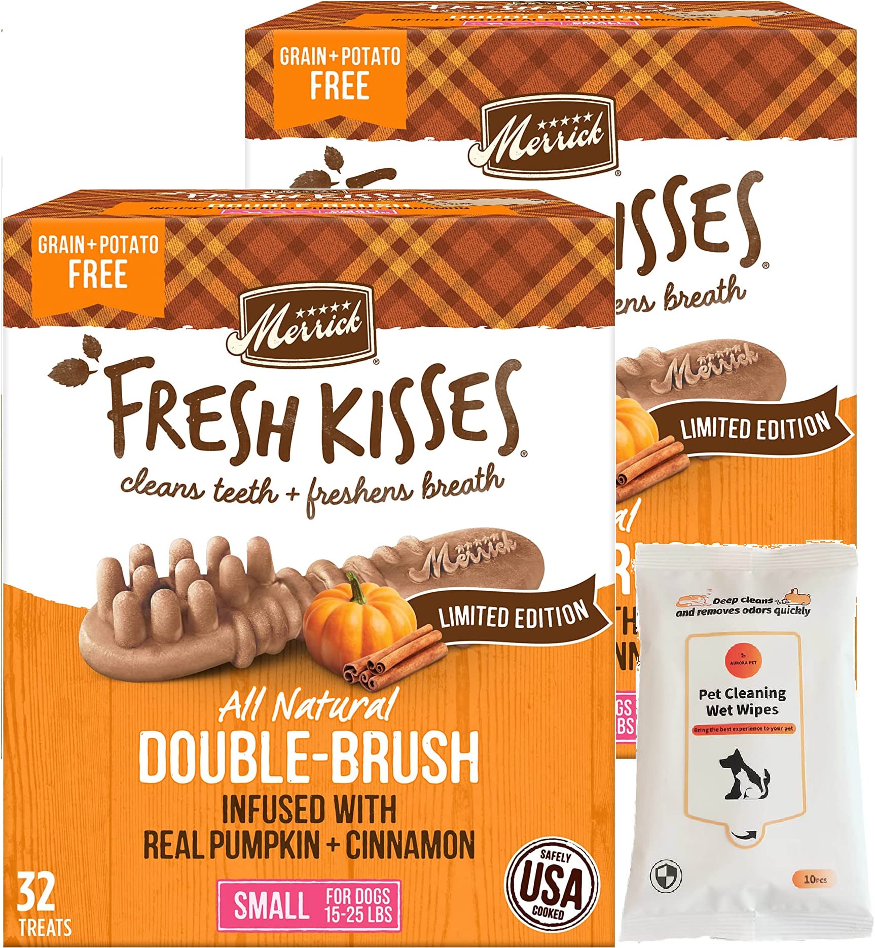 Aurora Pet Bundle Pack (2) Merrick Fresh Kisses Real Pumpkin & Cinnamon Flavor Small Breed Dog Dental Treats Grooming Wipes