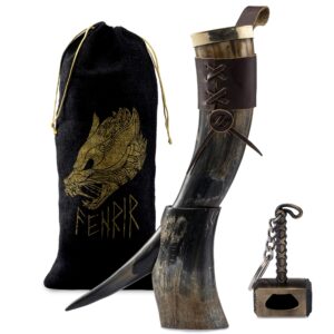 fenrir viking drinking horn with stand-16 oz | viking gifts for men & women | thor bottle opener | norse viking horn cup perfect for drink beer, ale, mead, whiskey | food grade | natural polished