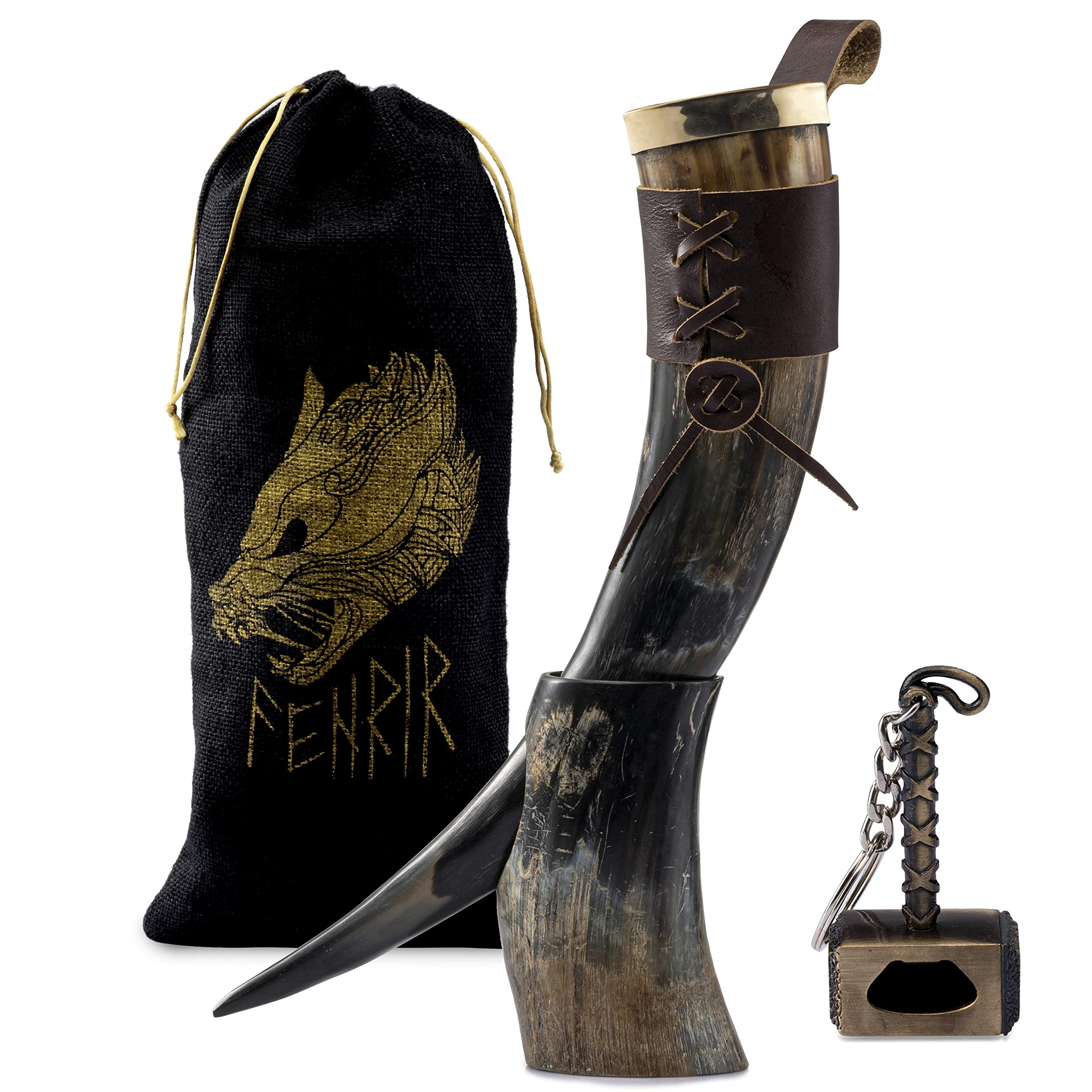 FENRIR Viking Drinking Horn With Stand-16 oz | Viking Gifts for Men & Women | Thor Bottle Opener | Norse Viking Horn Cup Perfect For Drink Beer, Ale, Mead, Whiskey | Food Grade | Natural Polished