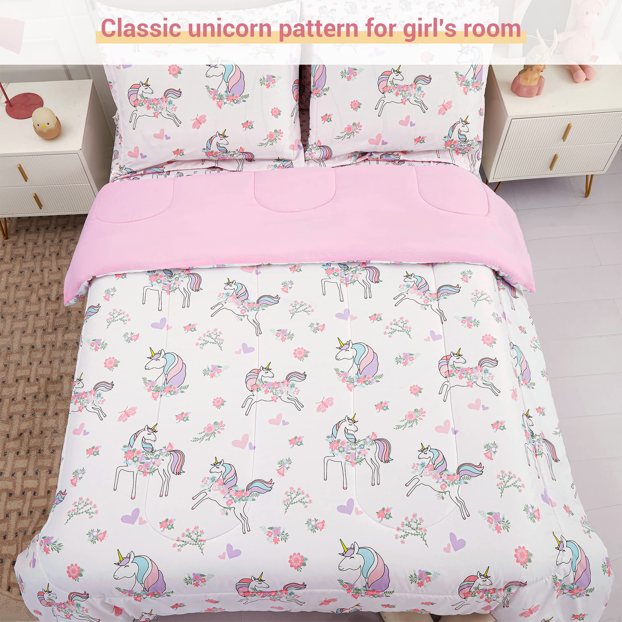 Viviland Twin Unicorn Comforter Set for Girls - Kids Brushed Microfiber Twin Bedding Set - 5 Pieces Machine Washable Bed in A Bag with Soft Comforters, Sheet Set, Shams - Unicorn Love Heart