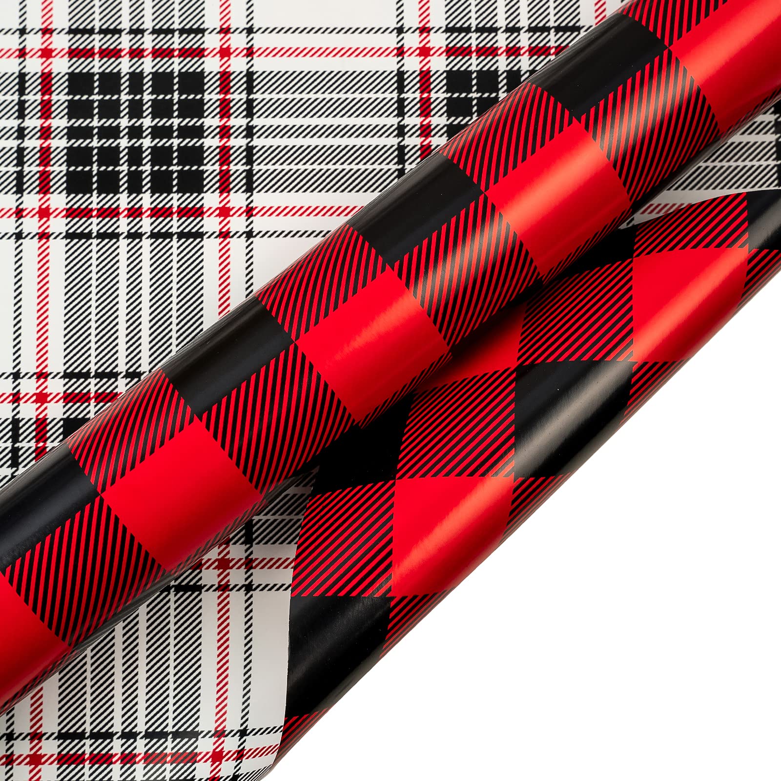 WRAPAHOLIC Reversible Christmas Wrapping Paper - Mini Roll - 17 Inch X 33 Feet - Black and Red Plaid Design for Holiday, Party, Celebration