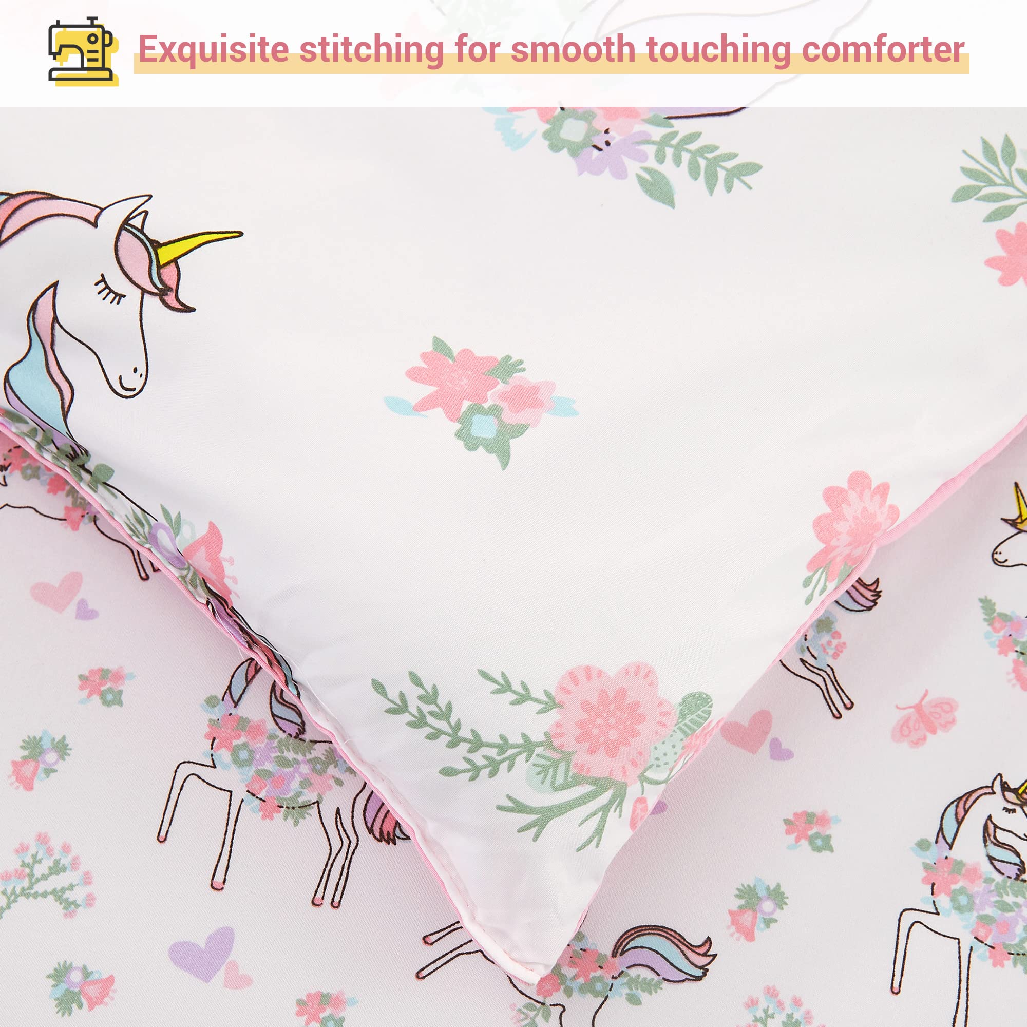 Viviland Twin Unicorn Comforter Set for Girls - Kids Brushed Microfiber Twin Bedding Set - 5 Pieces Machine Washable Bed in A Bag with Soft Comforters, Sheet Set, Shams - Unicorn Love Heart