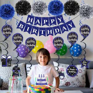 Birthday Decorations Blue Black, Happy Birthday Party Decorations for Men Women Boys Girls, Happy Birthday Banner, Double-Sided Bday Pattern Card, Birthday Sash, Pompoms, Hanging Swirl Bday Decor Set