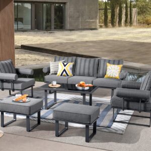 ovios Patio Furniture Set 6 Pieces Outdoor Aluminum Sofa Couch with Coffee Table Ottomans Cushions High Back Sofa All Weather Conversation Set, Black-Grey Stripe