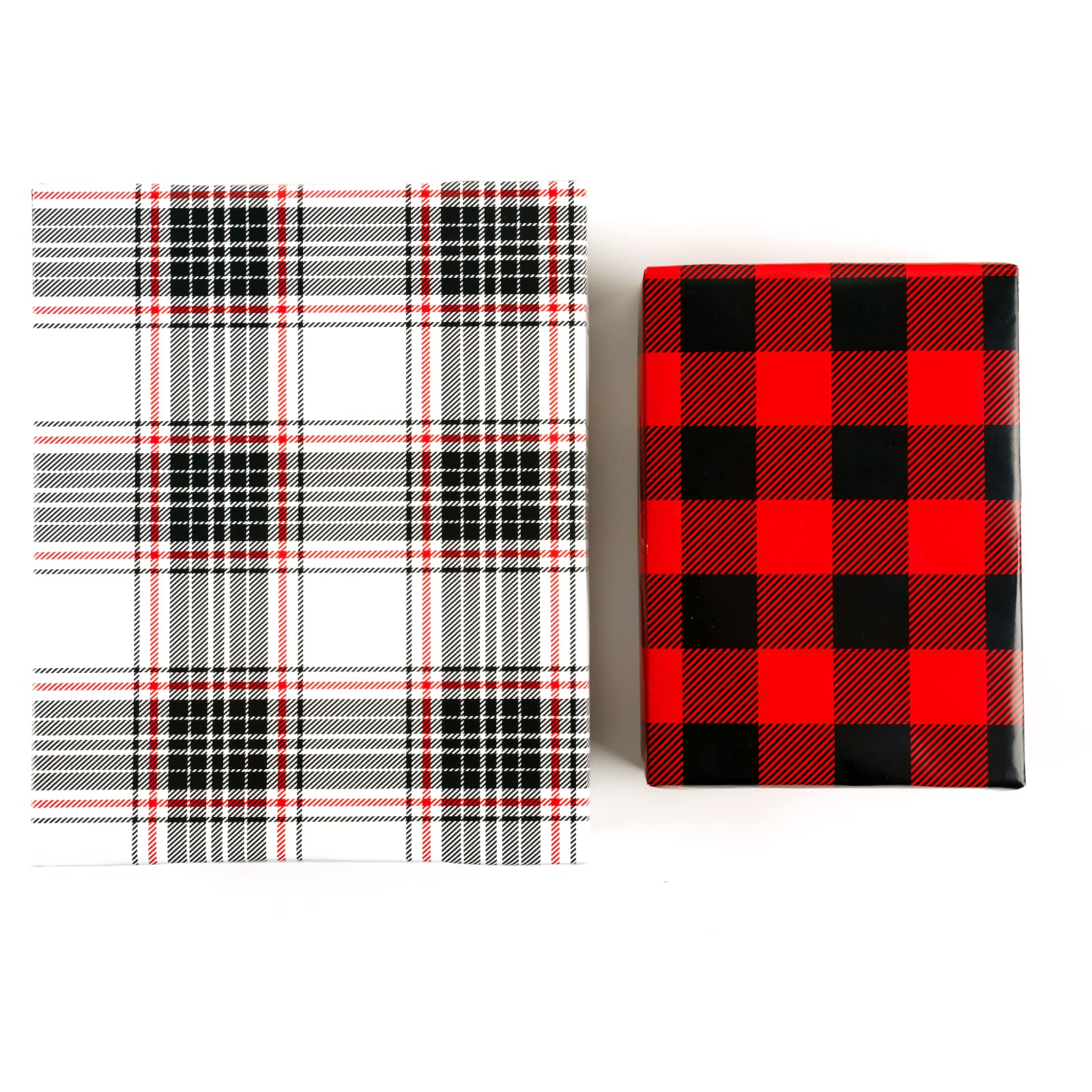 WRAPAHOLIC Reversible Christmas Wrapping Paper - Mini Roll - 17 Inch X 33 Feet - Black and Red Plaid Design for Holiday, Party, Celebration