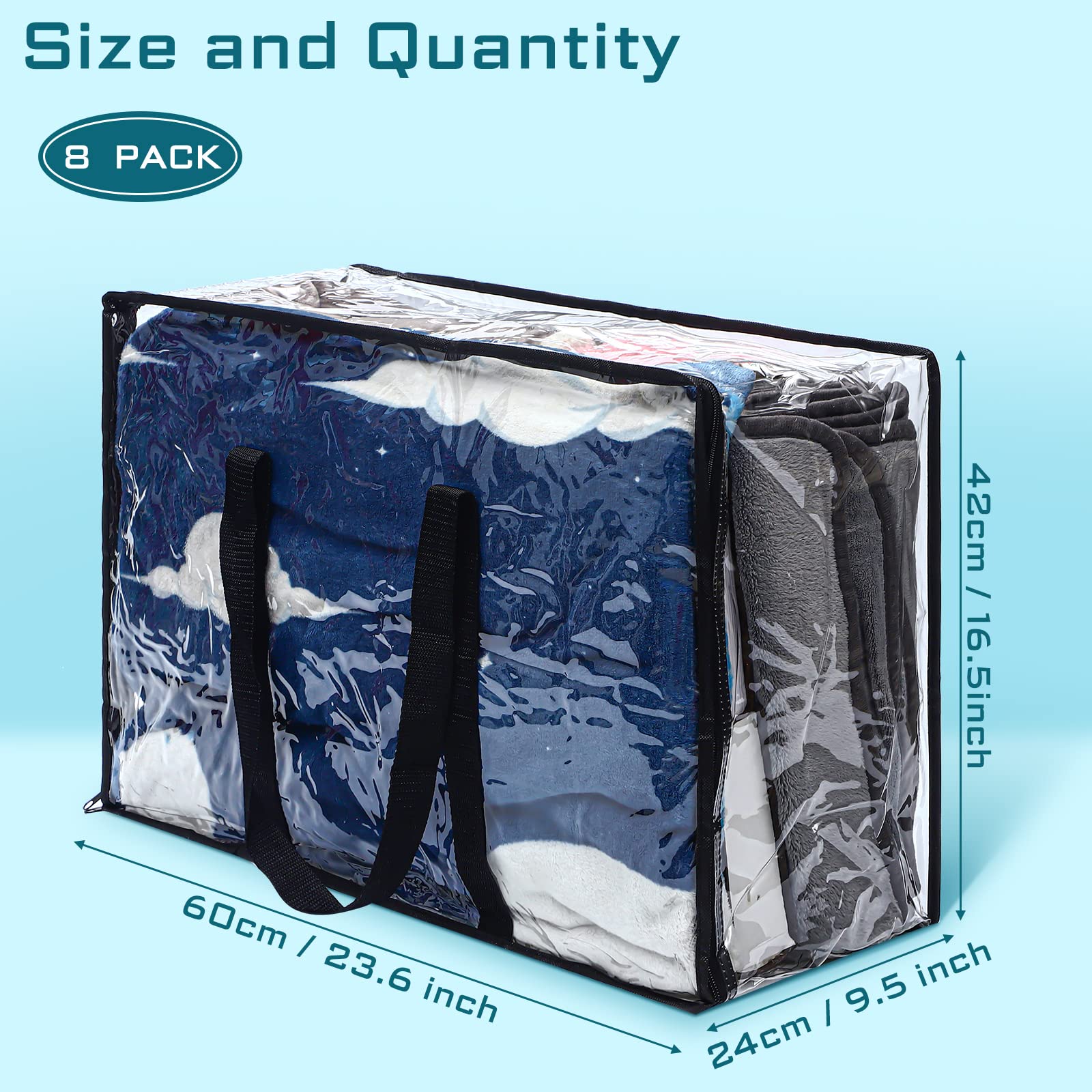 8 Pcs Clear Zippered Storage Bags Closet Organizer Vinyl Bag with Reinforced Handle Clothes Storage Organizer Transparent Moving Bags Totes for Bedding Linen. (60 L, 23.6x16.5x9.5 In, Clear, Purple)