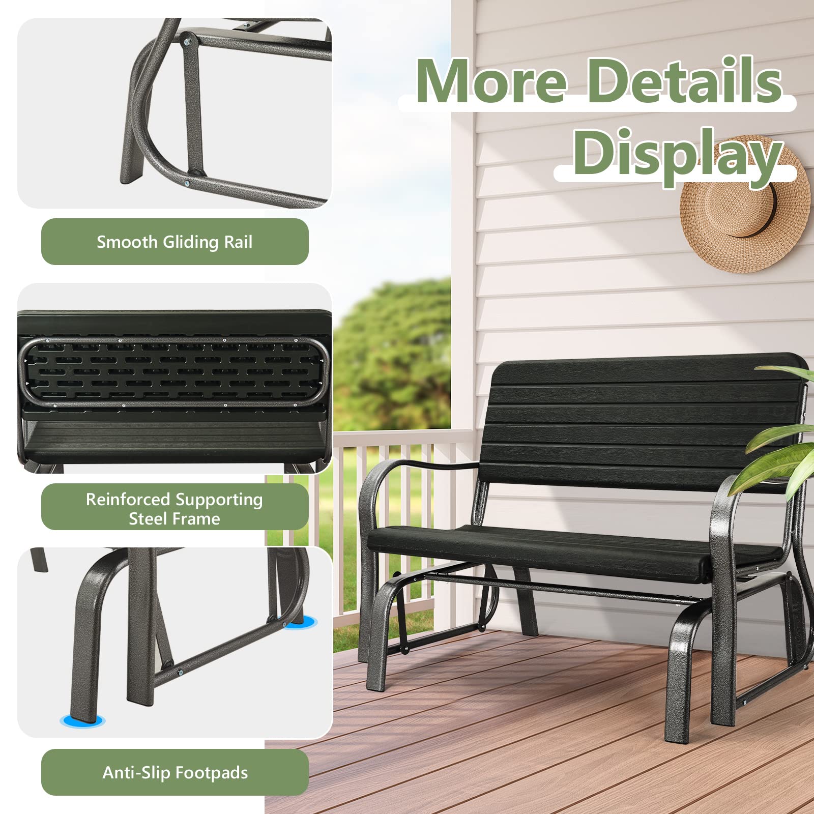 Tangkula Outdoor Glider Bench, Porch Glider Loveseat Swing Bench with w/Steel Frame, 2-Seat Rocking Chair for Porch, Garden, Backyard, Lawn (Dark Green)