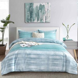 etdiffe teal duvet cover king size, 3pc modern grey and blue gradient striped microfiber comforter cover set, farmhouse soft and lightweight abstract ombre pattern quilt cover (90x104) for women teen