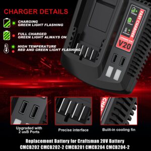 Bonacell 2Pack 20V 3.5Ah Replacement for Craftsman 20V Battery V20 Lithium Battery and Charger Kit for CMCB202 CMCB204 CMCB206 CMCB201 CMCB100 CMCB124 with CMCB104 Craftsman 20V Battery Charger