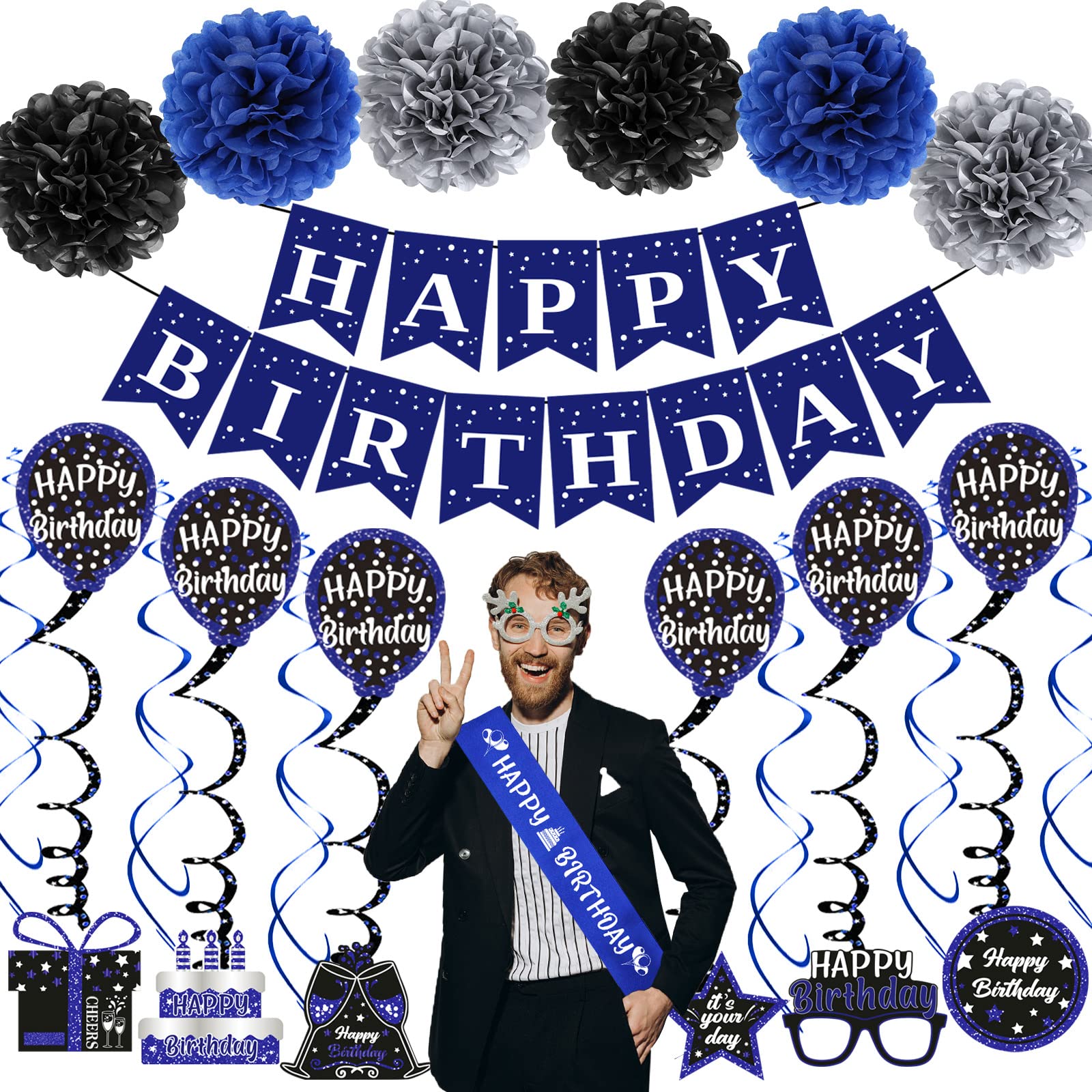 Birthday Decorations Blue Black, Happy Birthday Party Decorations for Men Women Boys Girls, Happy Birthday Banner, Double-Sided Bday Pattern Card, Birthday Sash, Pompoms, Hanging Swirl Bday Decor Set