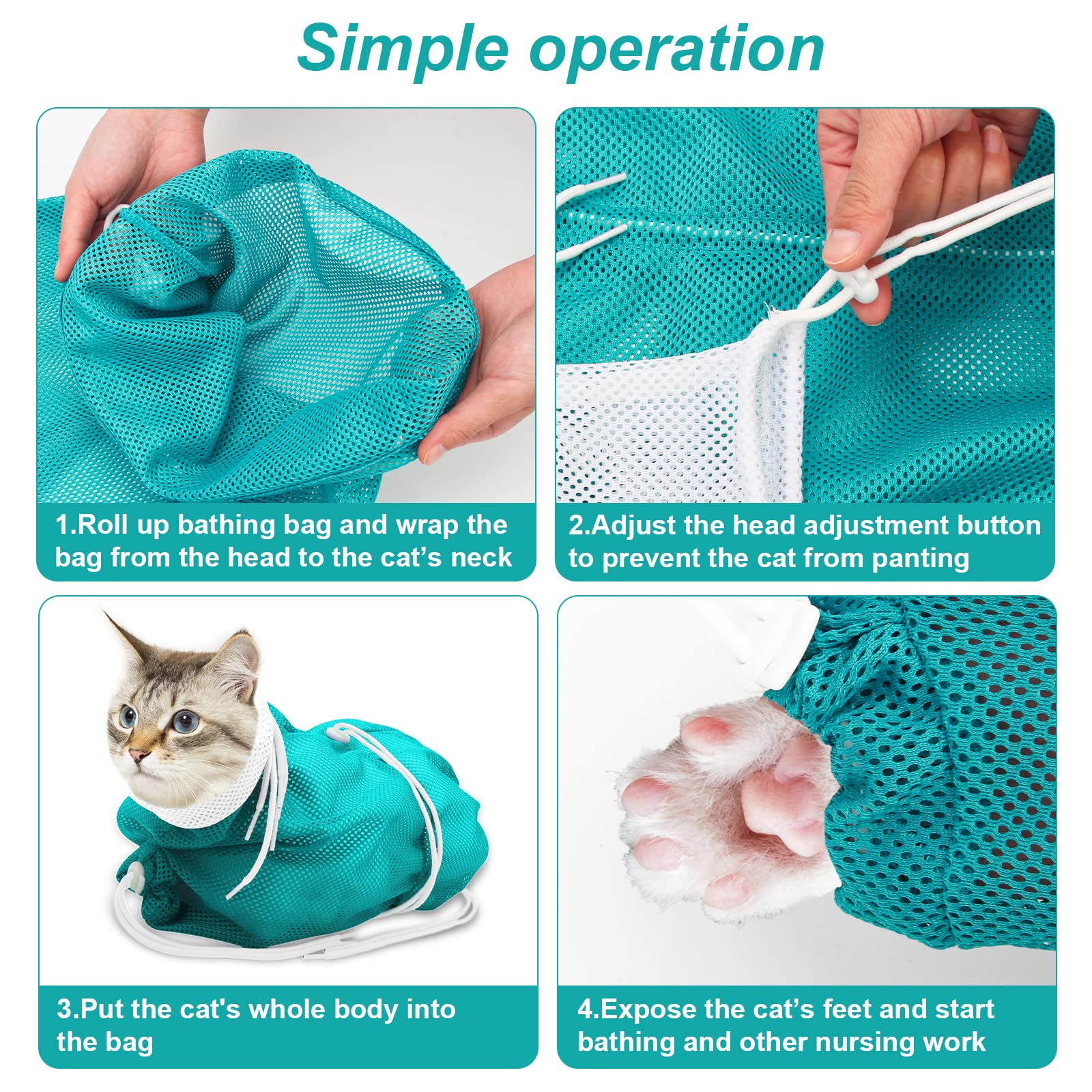 Catcan Cat Bathing Bag, Breathable Mesh Cat Shower Bag Anti Scratch Adjustable Cat Grooming Bag for Nail Trimming, Bathing Polyester Soft Cat Washing Bag (White-Green)