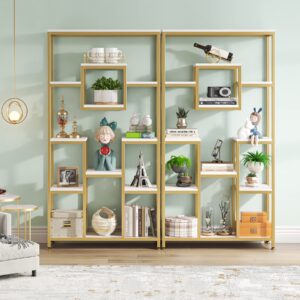 Tribesigns Bookcases and Bookshelves, 71” Tall Bookshelf with Metal Frame, Freestanding Geometric Bookcase with Open Display Shelf for Living Room, Bedroom, Home Office, White and Gold