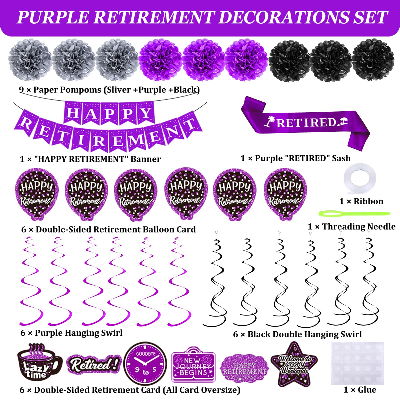 Retirement Decorations Women Purple Happy Retirement Party Decorations Female (52pack) Happy Retirement Banner Gifts, Retirement Decor Double-Sided Pattern Card, Pompoms Hanging Swirl Retired Sash Set