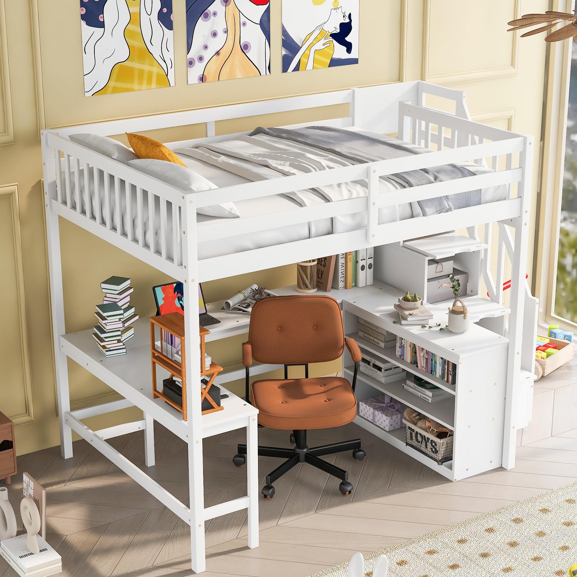 Bellemave Full Loft Bed with Stairs and Desk Wood Beds Storage Bookcase High Frame Shelves & L-Shape for Kids, Juniors, Teen, Boys, Girls, White