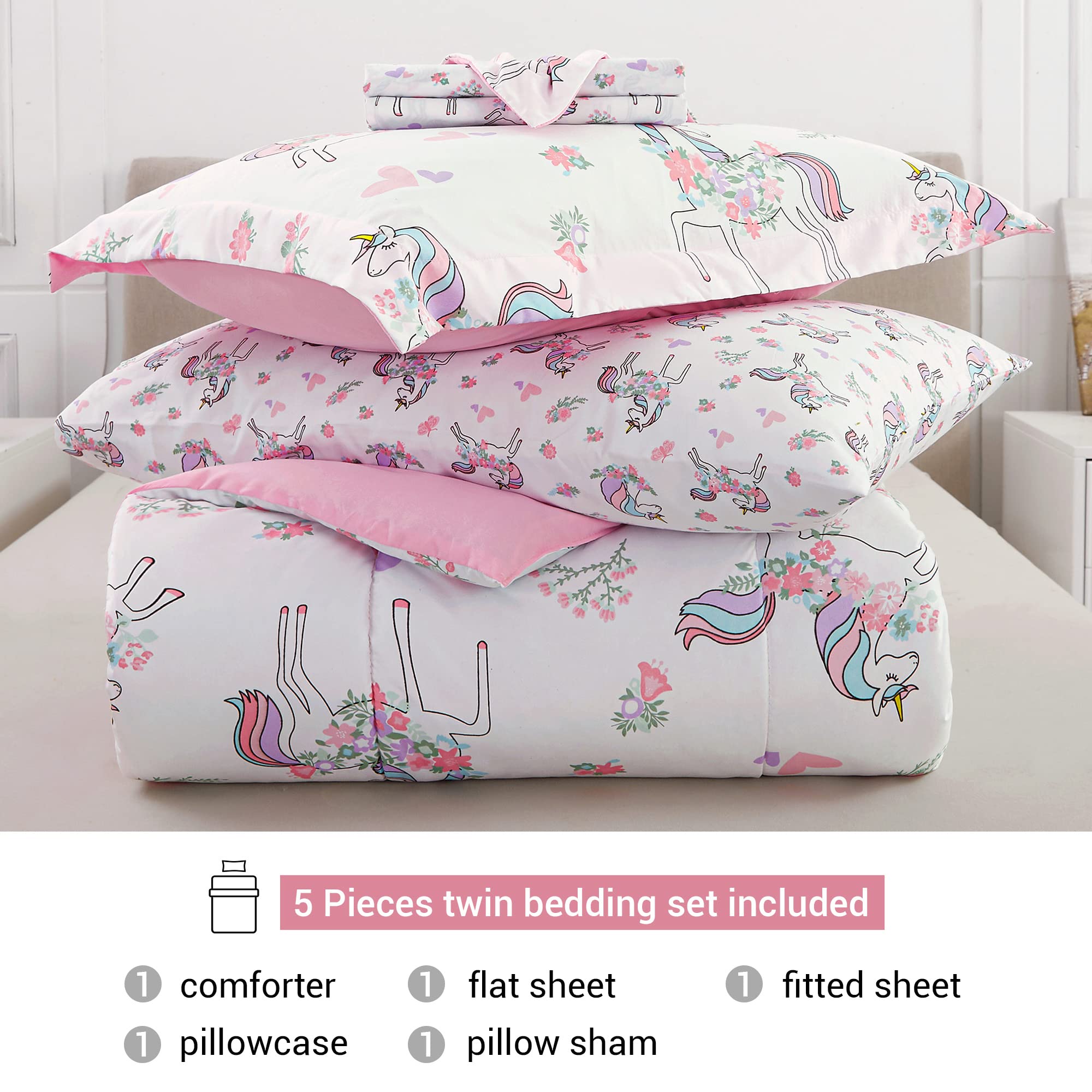 Viviland Twin Unicorn Comforter Set for Girls - Kids Brushed Microfiber Twin Bedding Set - 5 Pieces Machine Washable Bed in A Bag with Soft Comforters, Sheet Set, Shams - Unicorn Love Heart