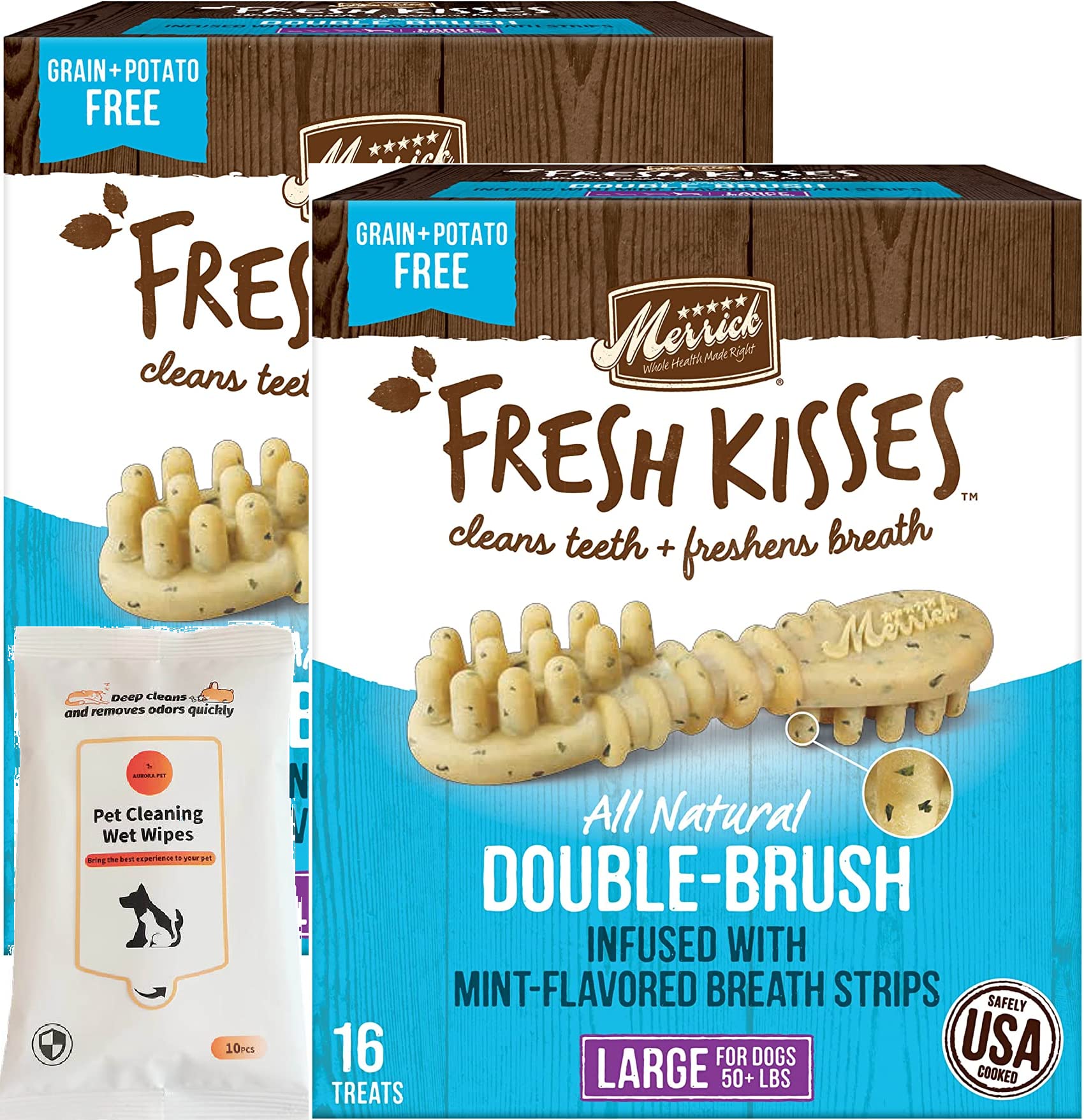 Aurora Pet Bundle Pack (2) Merrick Fresh Kisses Double-Brush Mint Breath Strip Infused Large Dental Dog Treats with AuroraPet Wipes