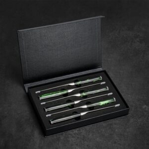 SENKEN Professional Steak Knife Set with Beautiful Engraved Pattern - Wasabi Collection - Razor Sharp Serrated High Carbon Steel & Emerald Green Resin Handle (6 Piece Steak Knife Set)