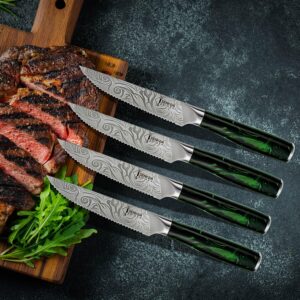 SENKEN Professional Steak Knife Set with Beautiful Engraved Pattern - Wasabi Collection - Razor Sharp Serrated High Carbon Steel & Emerald Green Resin Handle (6 Piece Steak Knife Set)