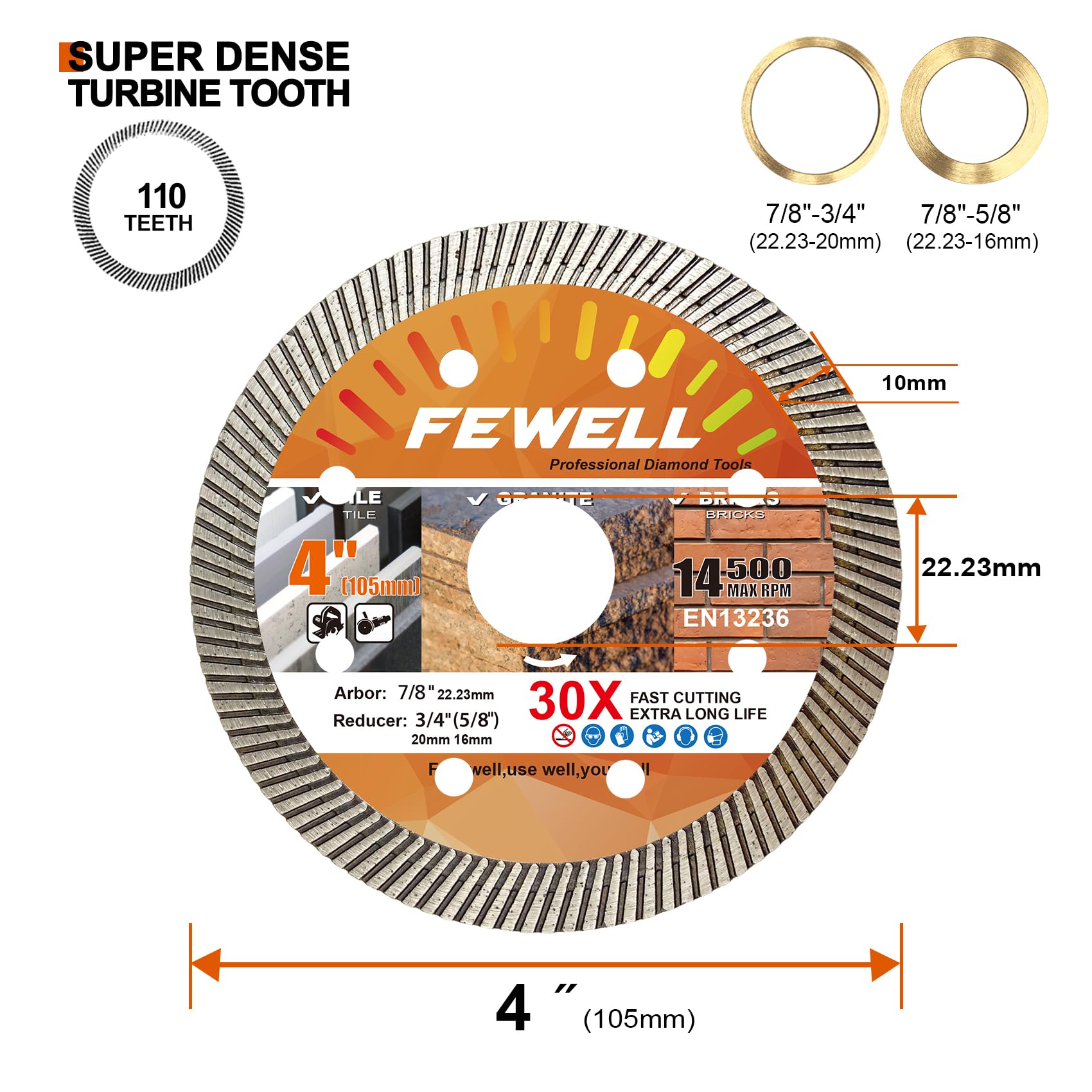 FEWELL 4Inch Super Thin Diamond Ceramic Saw Blade,Turbo Blade Cutting disc for Porcelain,Ceramic Tile Granite Brick and Concrete 105x10x22.23mm (1-Pack)