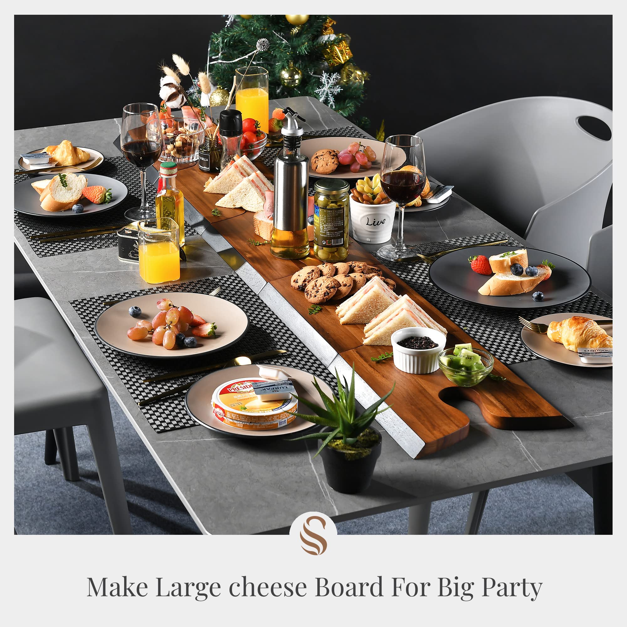 Shanik Acacia Wood Cheese Board Set with Puzzle Handles, Set of 3, Natural Wood Party Serving Platter for Charcuterie Meat, Cheeses, and Wine Appetizers, Gift Bundle With Engraving