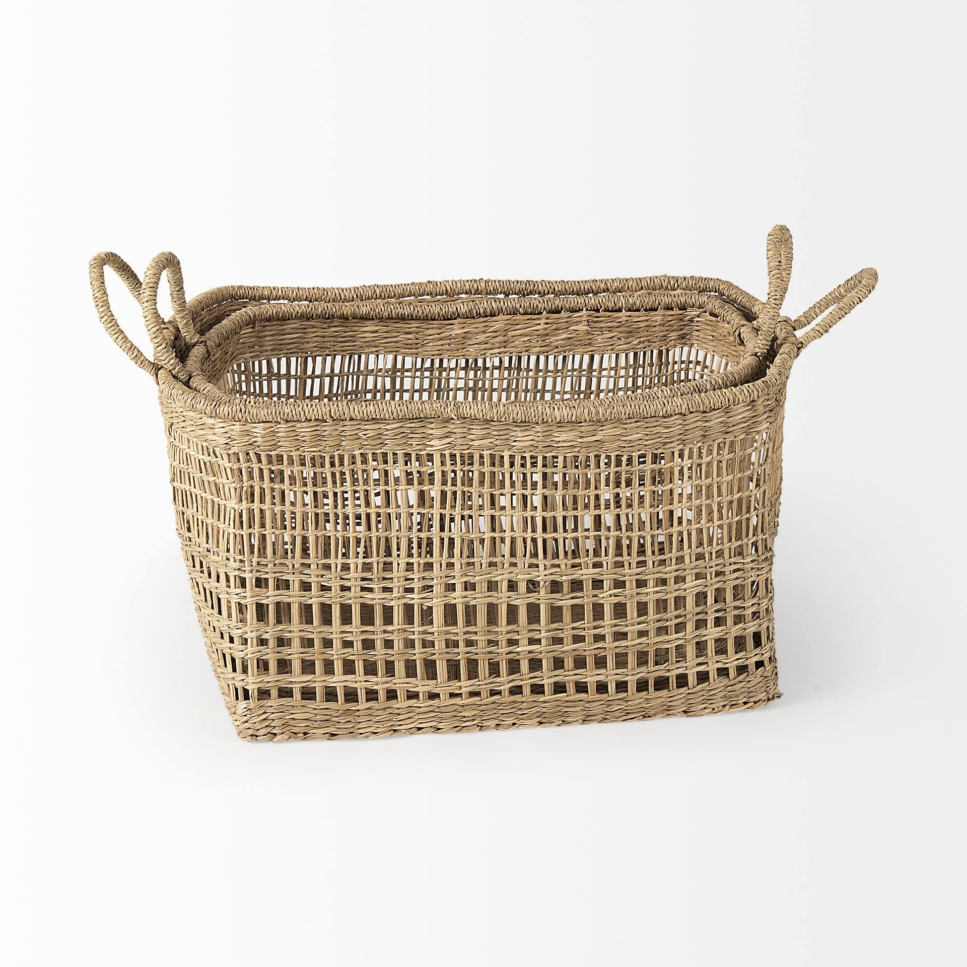 18.5l X 14.6w 11.0h (Set Of 2) Medium Brown Seagrass Rectangular Basket W/Handles Handmade