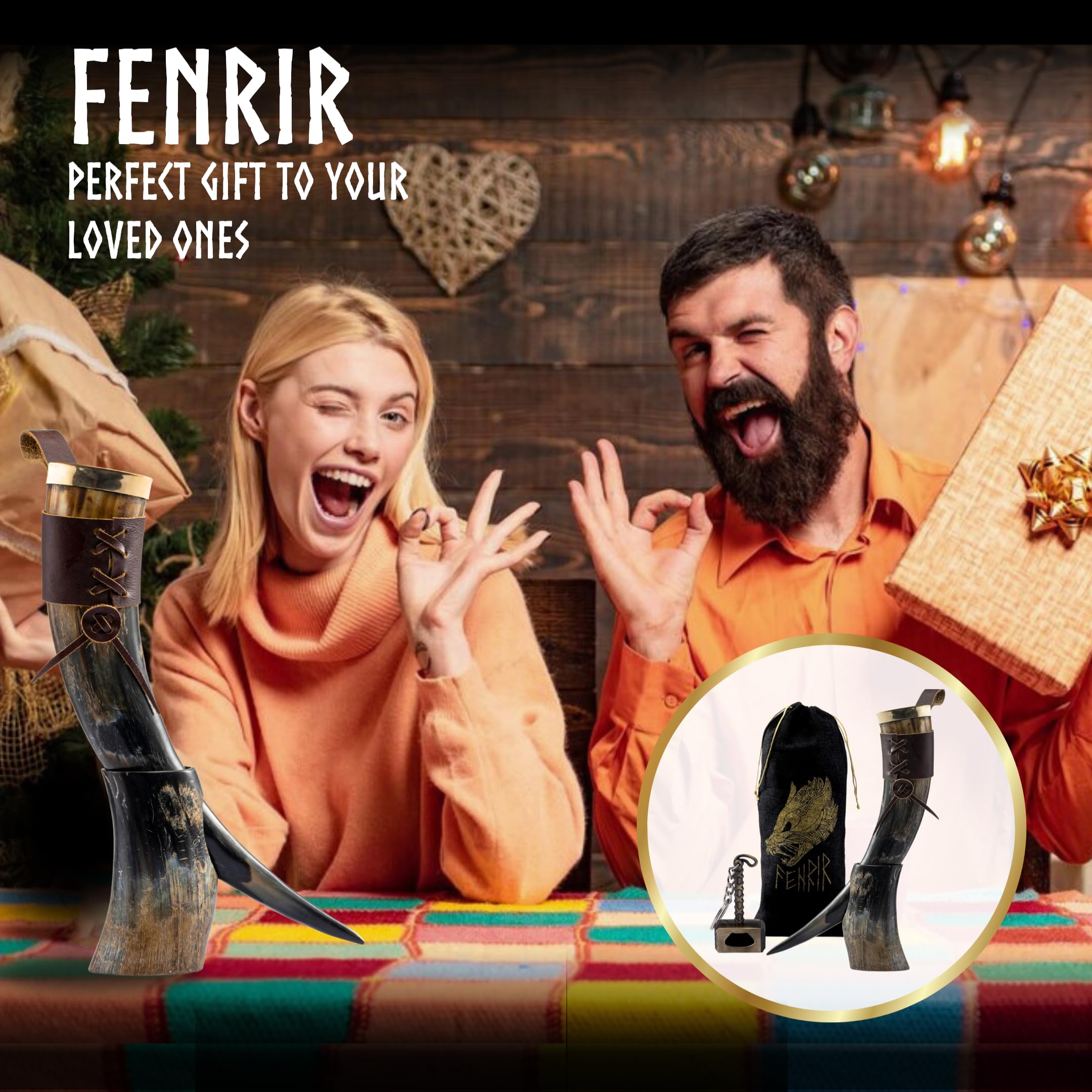 FENRIR Viking Drinking Horn With Stand-16 oz | Viking Gifts for Men & Women | Thor Bottle Opener | Norse Viking Horn Cup Perfect For Drink Beer, Ale, Mead, Whiskey | Food Grade | Natural Polished